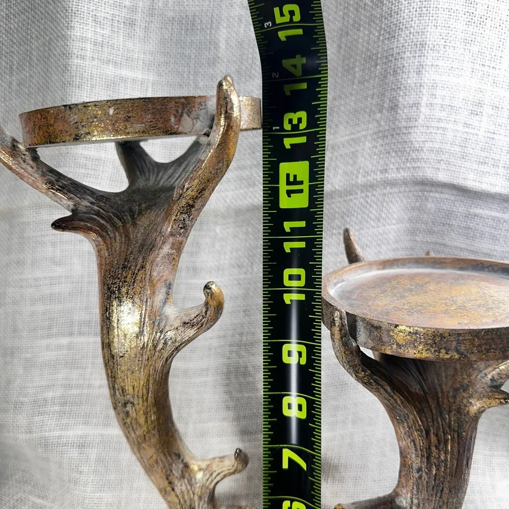 Rustic Faux Antler Candle‎ Holder Set Gold Bronze Distressed Lodge Decor 2 Piece